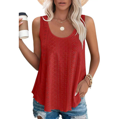 Dame-T-topper Ermeløs Mønster Brodert Scoop Neck Løs passform Avslappet Sommer Flagrende