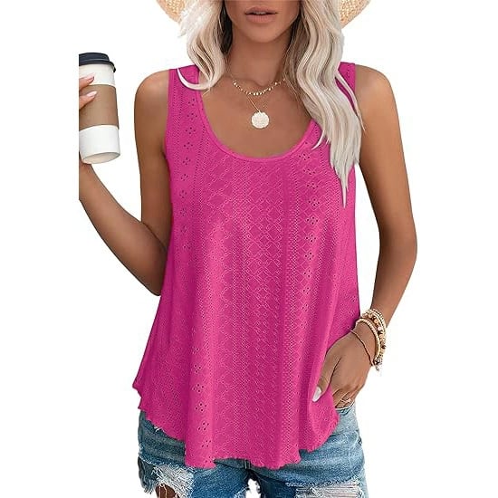 Dame-T-topper Ermeløs Mønster Brodert Scoop Neck Løs passform Avslappet Sommer Flagrende