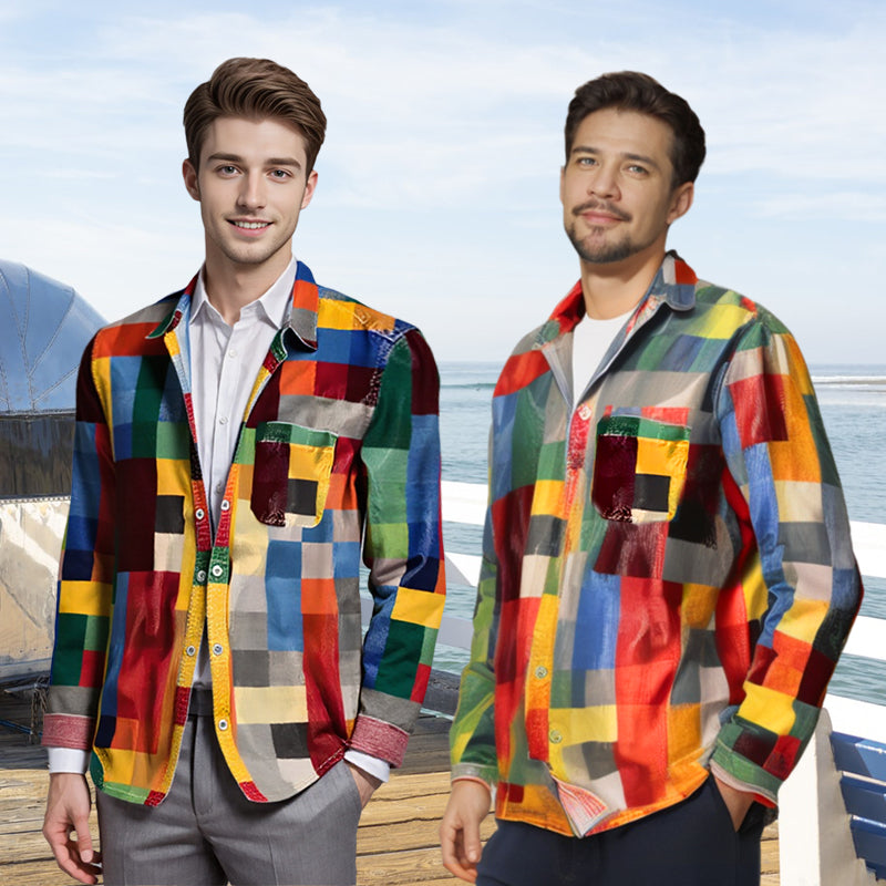 ✈️2 STK = GRATIS FRAKT✈️Unisex enkel langermet skjorte i regnbuefarger, rutete vintage-trykk med slag og lommer