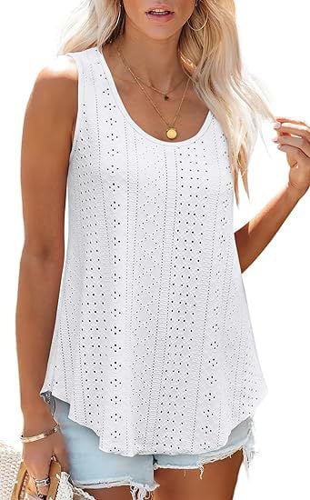 Dame-T-topper Ermeløs Mønster Brodert Scoop Neck Løs passform Avslappet Sommer Flagrende