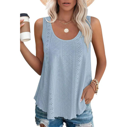Dame-T-topper Ermeløs Mønster Brodert Scoop Neck Løs passform Avslappet Sommer Flagrende