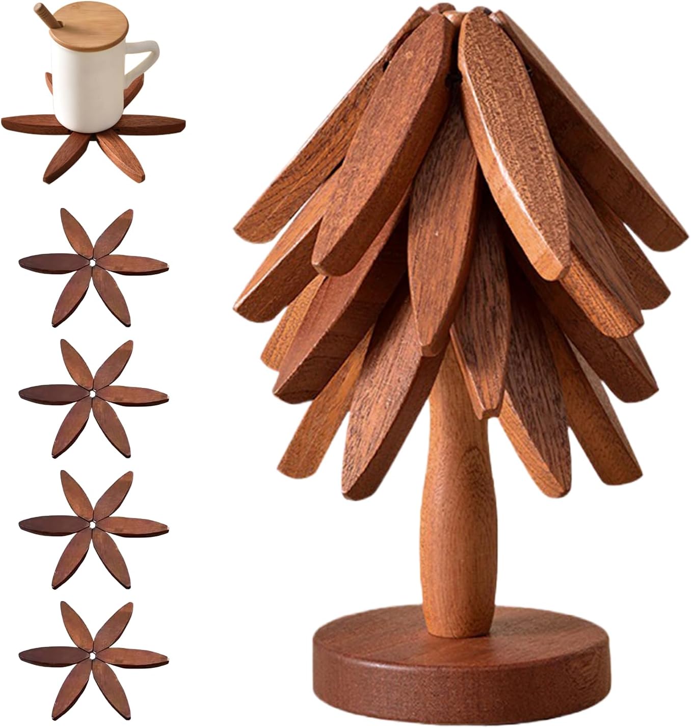 ✨Natural Tree Trivet Set - 4 bamoo Trivets & 1 Stand Like a Christmas Tree