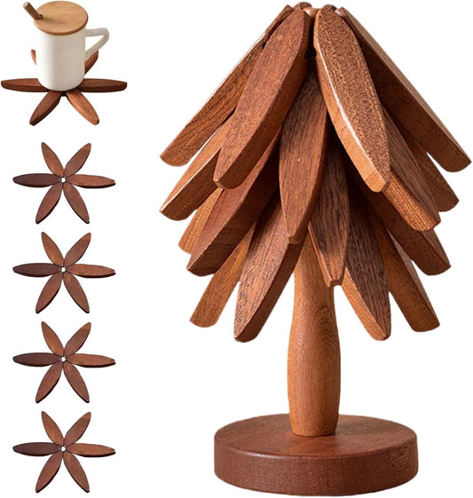 ✨Natural Tree Trivet Set - 4 bamoo Trivets & 1 Stand Like a Christmas Tree