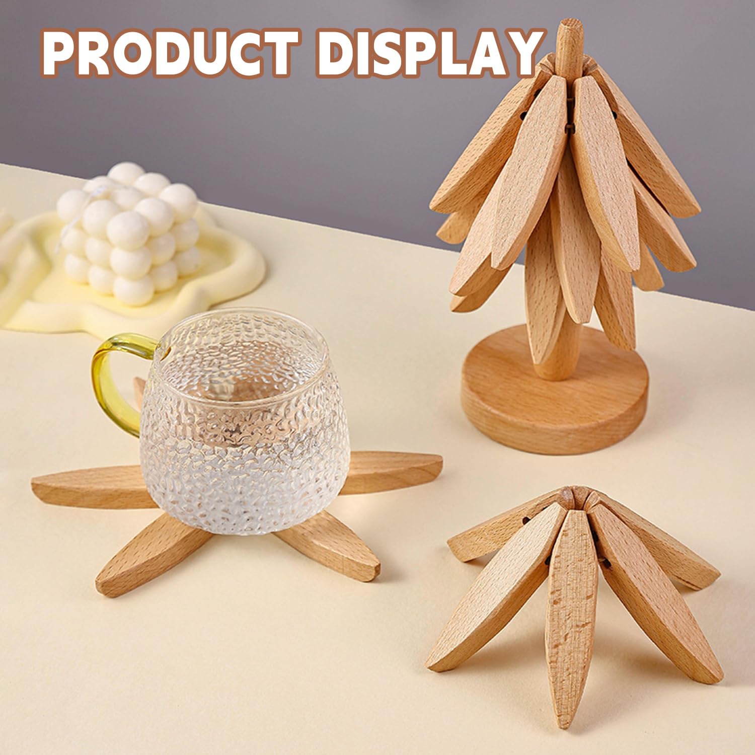 ✨Natural Tree Trivet Set - 4 bamoo Trivets & 1 Stand Like a Christmas Tree