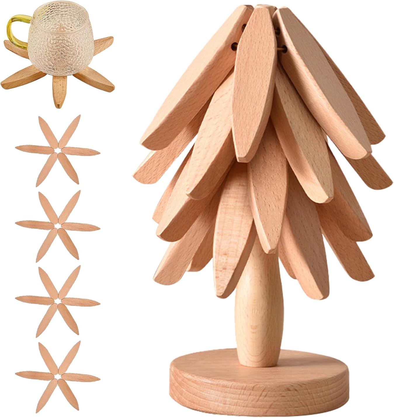 ✨Natural Tree Trivet Set - 4 bamoo Trivets & 1 Stand Like a Christmas Tree