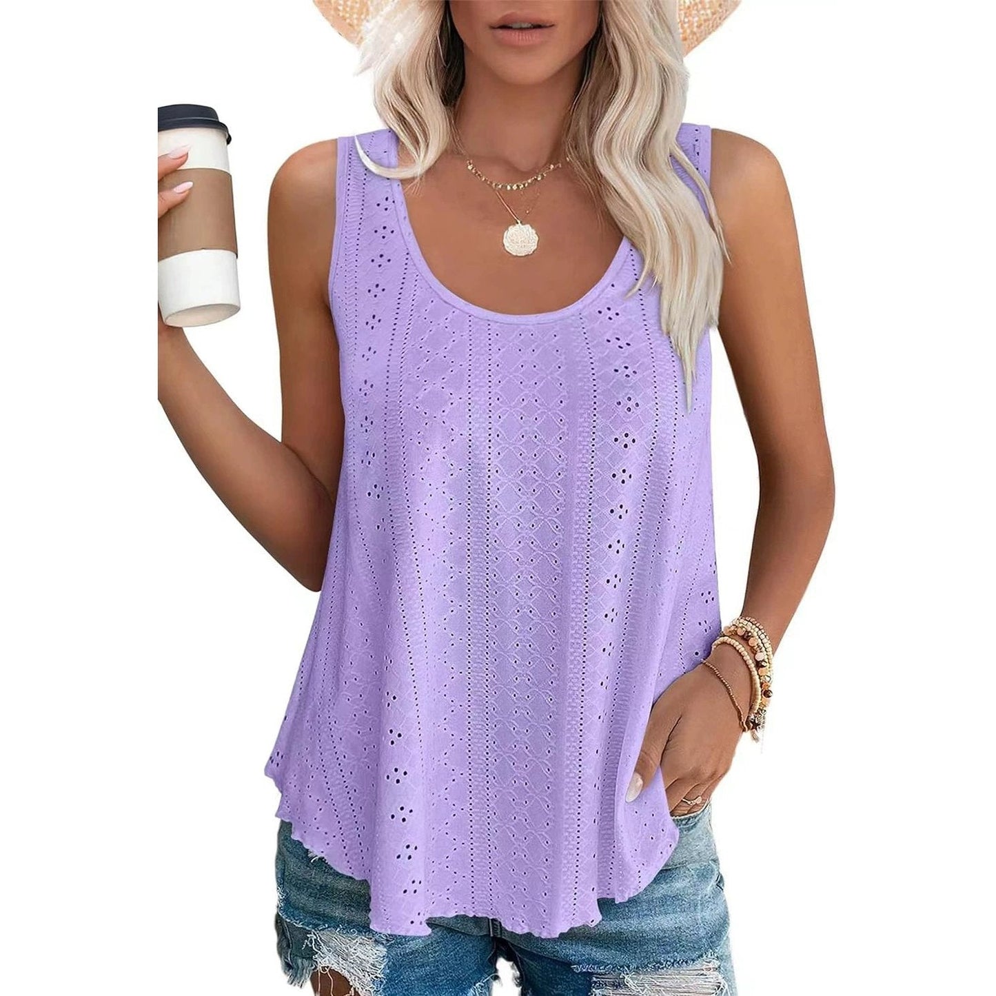 Dame-T-topper Ermeløs Mønster Brodert Scoop Neck Løs passform Avslappet Sommer Flagrende