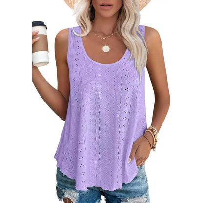 Dame-T-topper Ermeløs Mønster Brodert Scoop Neck Løs passform Avslappet Sommer Flagrende