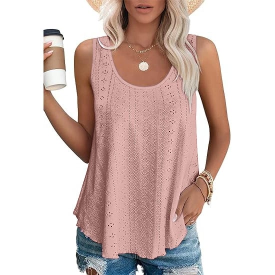 Dame-T-topper Ermeløs Mønster Brodert Scoop Neck Løs passform Avslappet Sommer Flagrende