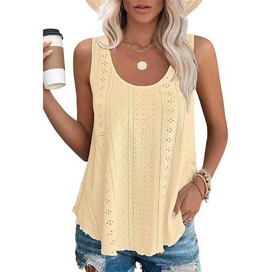 Dame-T-topper Ermeløs Mønster Brodert Scoop Neck Løs passform Avslappet Sommer Flagrende