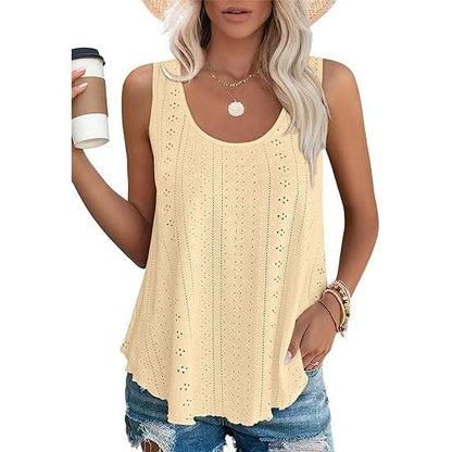 Dame-T-topper Ermeløs Mønster Brodert Scoop Neck Løs passform Avslappet Sommer Flagrende