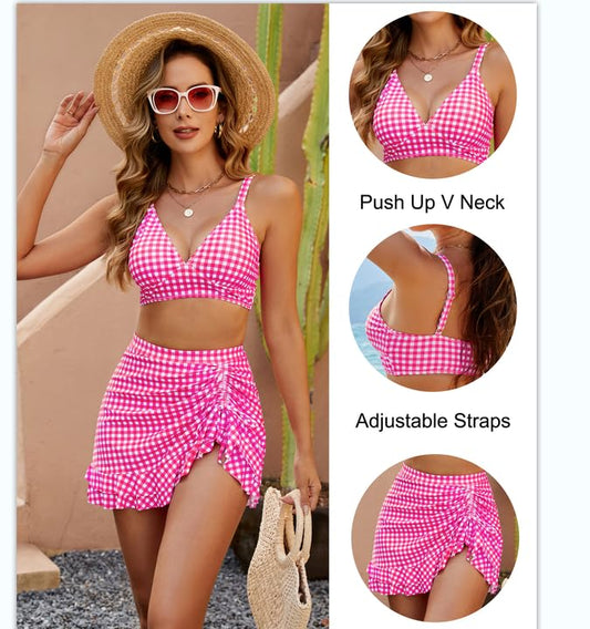 👙Bikinisett med høy midje og magekontroll til dame i gingham-kvalitet