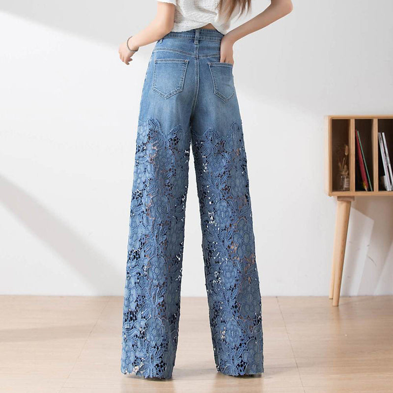 🌸Sommerkupp 49 % RABATT🌸Damebukser med høy midje og vide ben i blå denim med utskårne blondepaneler