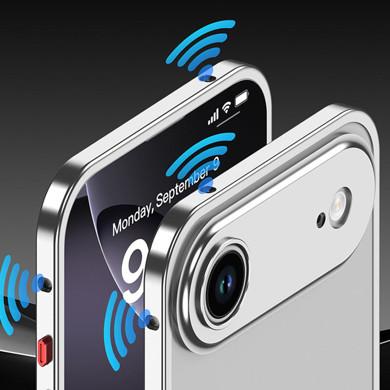 iPhone-skal med bar ram i metall och värmeavledande funktion med sjöhästspänne