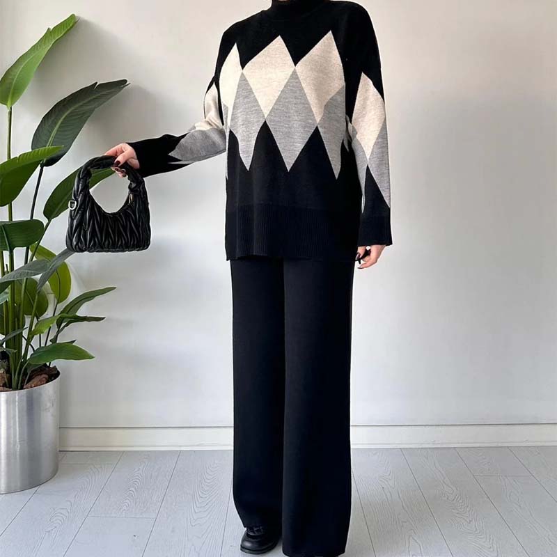 Modefärgblockerad rombformad tröja och byxor i set