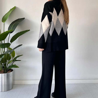 Modefärgblockerad rombformad tröja och byxor i set