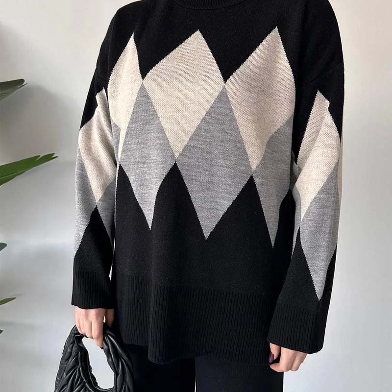 Modefärgblockerad rombformad tröja och byxor i set