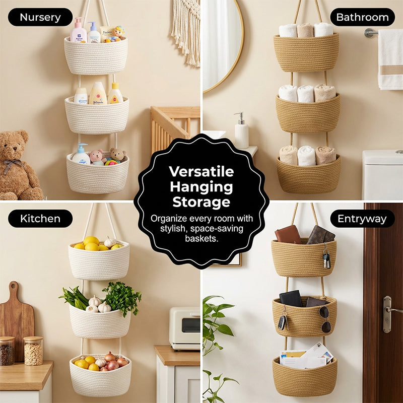 🧺 TIDBEGRÄNSAD 50% RABATT! ✨ Vägghängande förvaringsorganisatör – 3 nivåer, bohemisk stil, platsbesparande 🏡