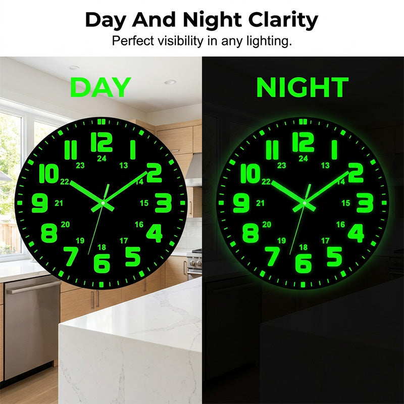 🕐 ENDAST TILLFÄLLIGT: 50% RABATT! ✨ Lysande Väggklocka – Tyst, 12 tum, Synlig dag och natt 🌙