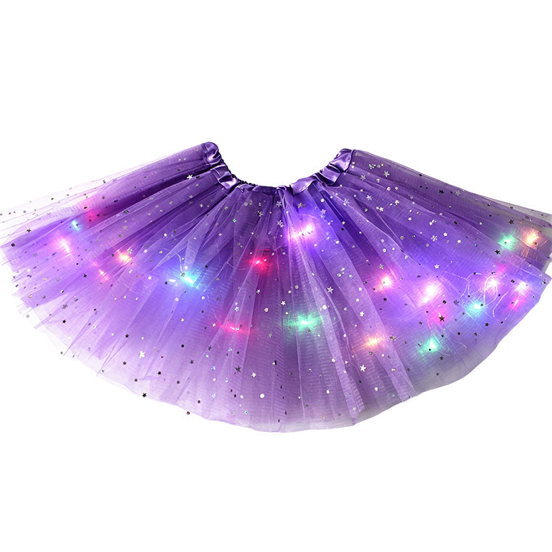 ✨🌈LED-ljusskenande paljetttyllkjol – barn- och vuxenstorlekar, tre lager tyll och elastisk midja 💃
