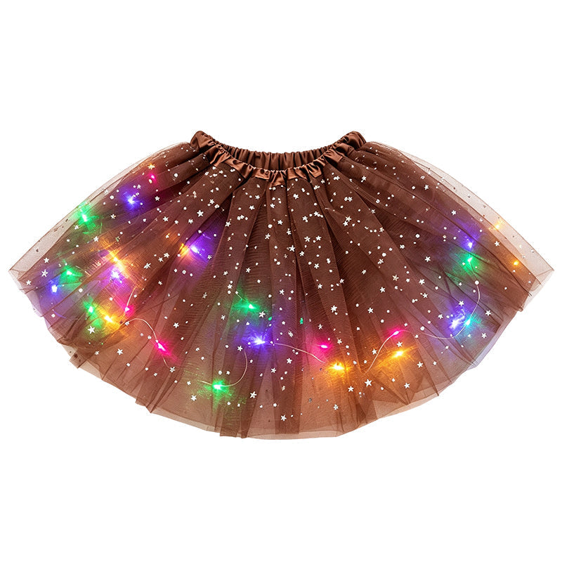 ✨🌈LED-ljusskenande paljetttyllkjol – barn- och vuxenstorlekar, tre lager tyll och elastisk midja 💃