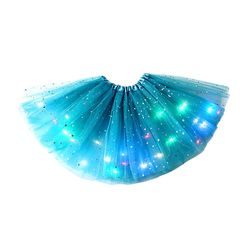 ✨🌈LED-ljusskenande paljetttyllkjol – barn- och vuxenstorlekar, tre lager tyll och elastisk midja 💃