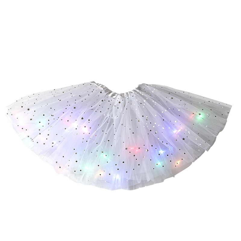 ✨🌈LED-ljusskenande paljetttyllkjol – barn- och vuxenstorlekar, tre lager tyll och elastisk midja 💃