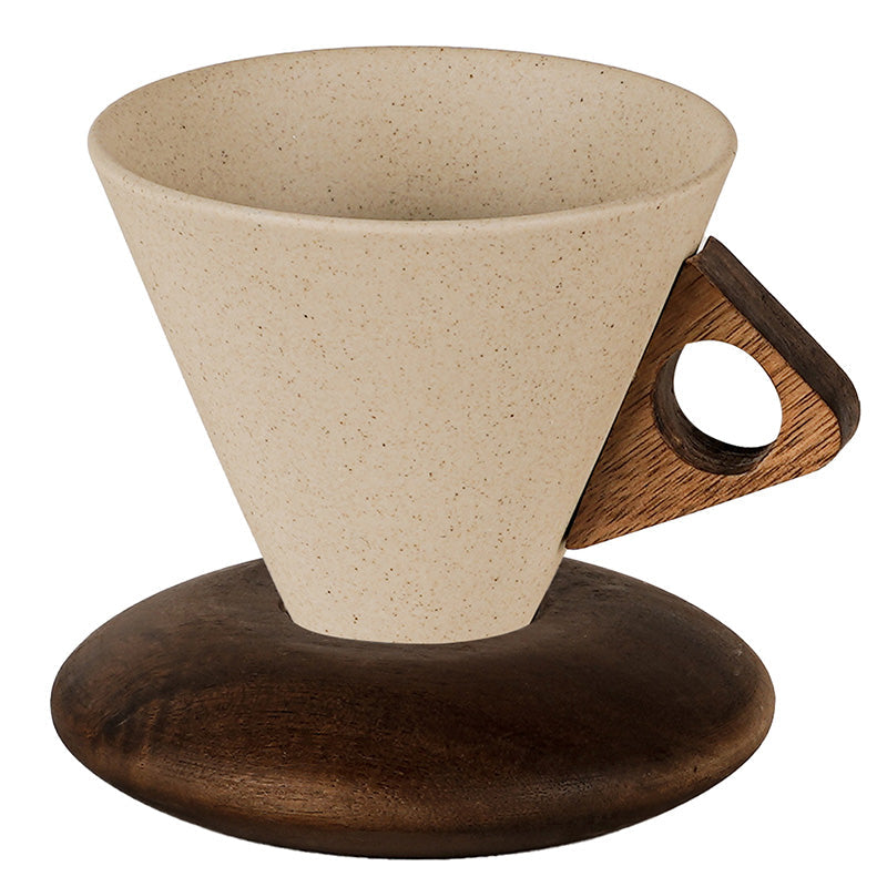 ☕ Handgjord kaffemugg i keramik – trähandtag, matt glasyr, 180 ml. Unik och rustik! 🪵✨