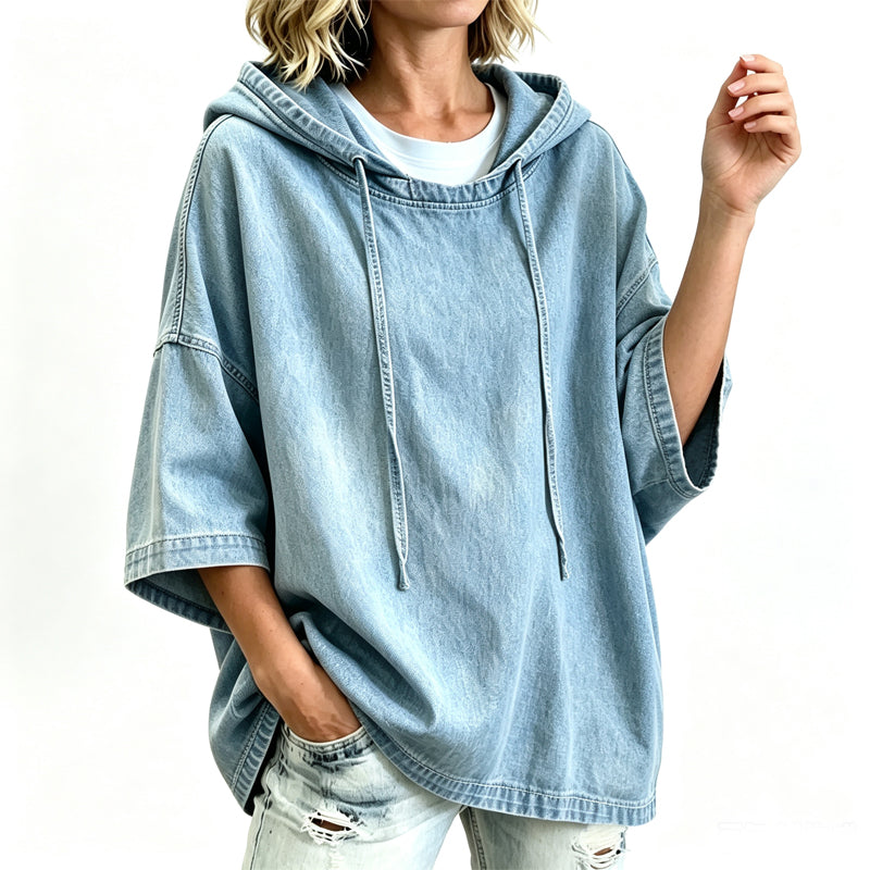 Damernas avslappnade löst sittande denimhoodie✨Fri frakt