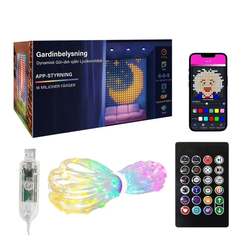 🌈 Smart LED-ljusslinga – app + fjärrkontroll, musiksynk, vattentät PVC. Anpassa färger och mönster för fest och trädgård! ✨🎶