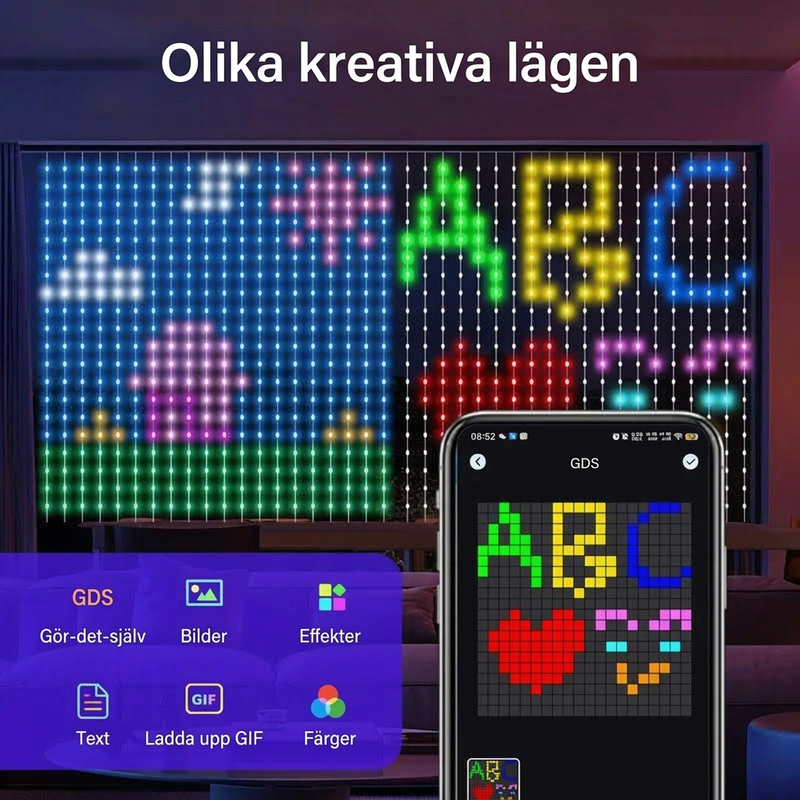 🌈 Smart LED-ljusslinga – app + fjärrkontroll, musiksynk, vattentät PVC. Anpassa färger och mönster för fest och trädgård! ✨🎶