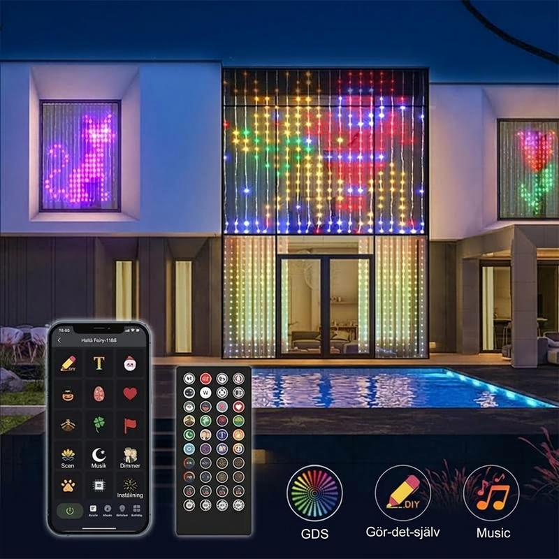 🌈 Smart LED-ljusslinga – app + fjärrkontroll, musiksynk, vattentät PVC. Anpassa färger och mönster för fest och trädgård! ✨🎶